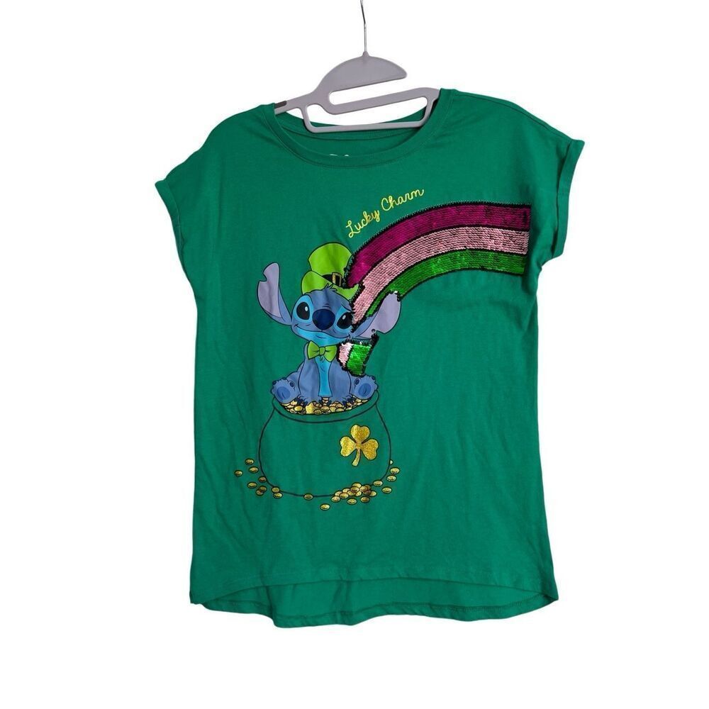 Disney Top Girls XL Green Lucky Charm Rainbow Stitch Sequin T-Shirt‎